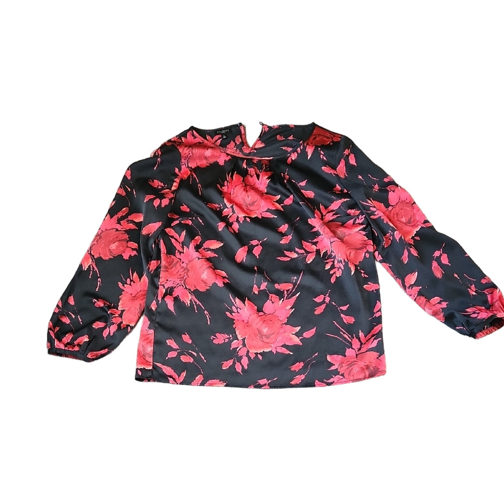 Talbots Floral Satin Blouse Long Sleeve Black Red Rose Print SIZE S